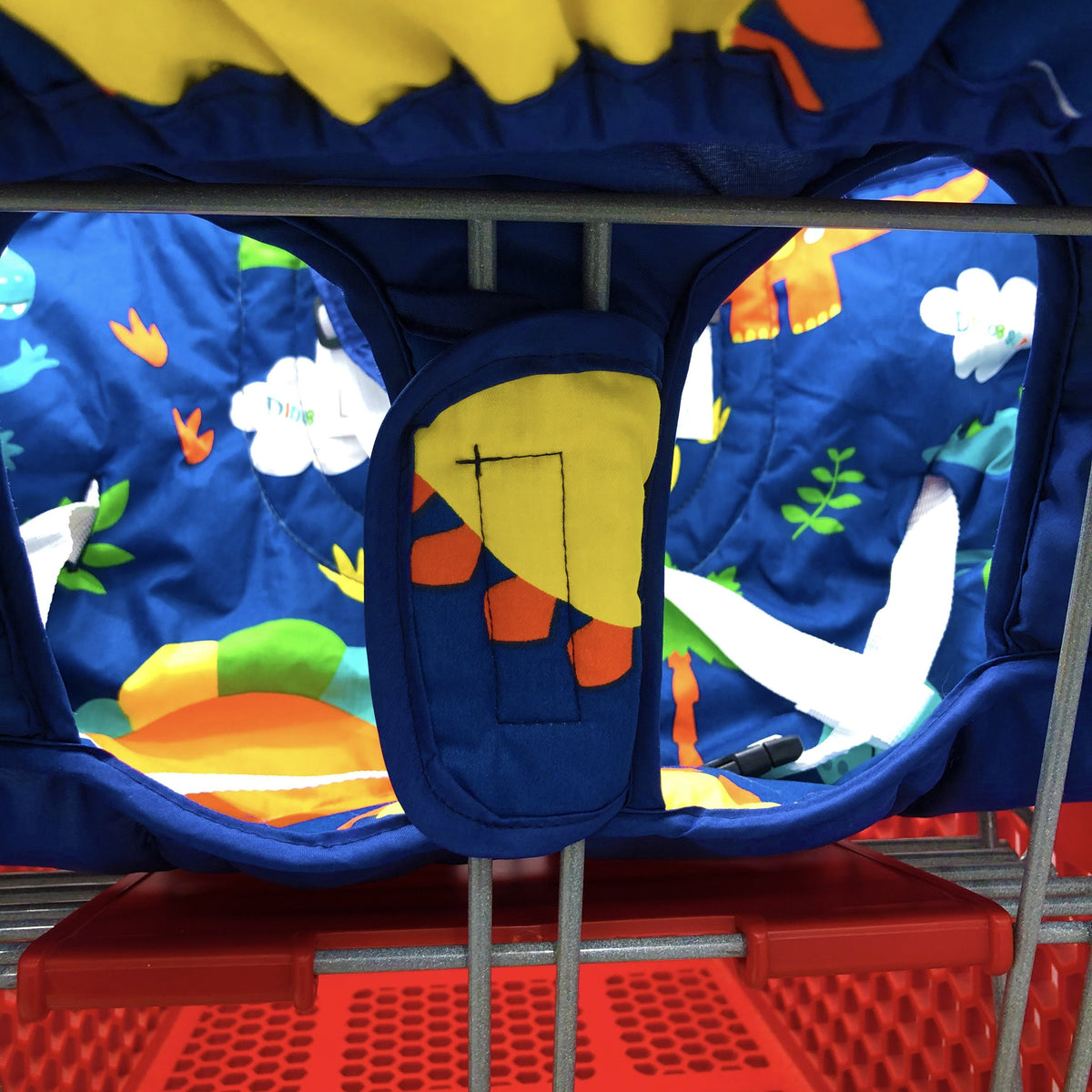Padded Baby Shopping Cart and High Chair Cushion with Printed Wraparound Sides and Clear Front Phone Pocket