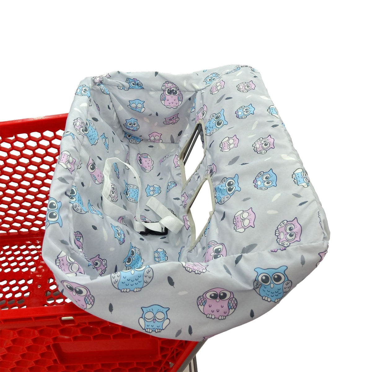 Baby Shopping Cart Cover with Leg Openings and a Carry Pouch in Gray Floral or Blue Owl Prints for Outings