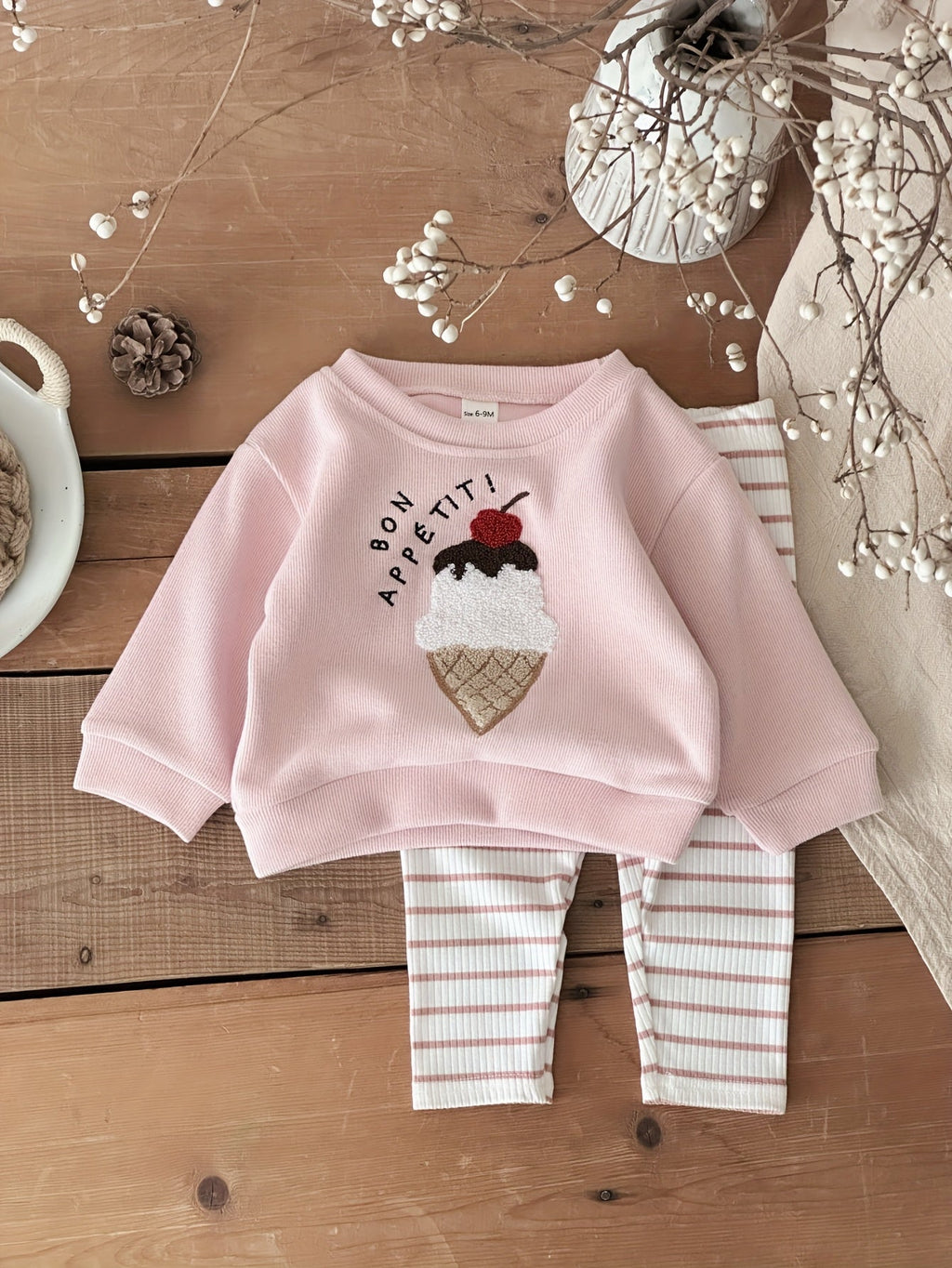 Baby Pink Outfit Set with an Ice Cream Patch Sweatshirt and Striped Pants for Spring and Autumn Wear