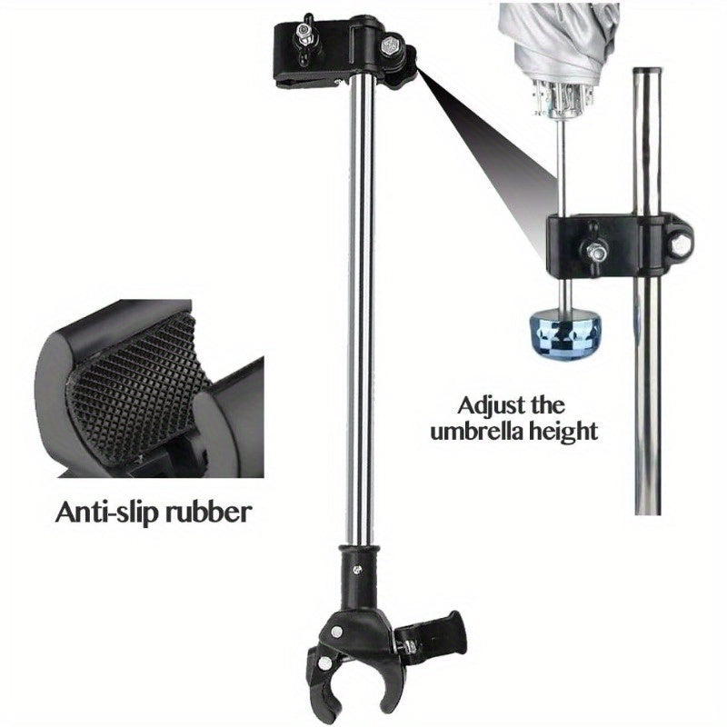 Adjustable Umbrella Holder for Compatible Strollers and Mobility Aids with a Clamp-On Support Rod