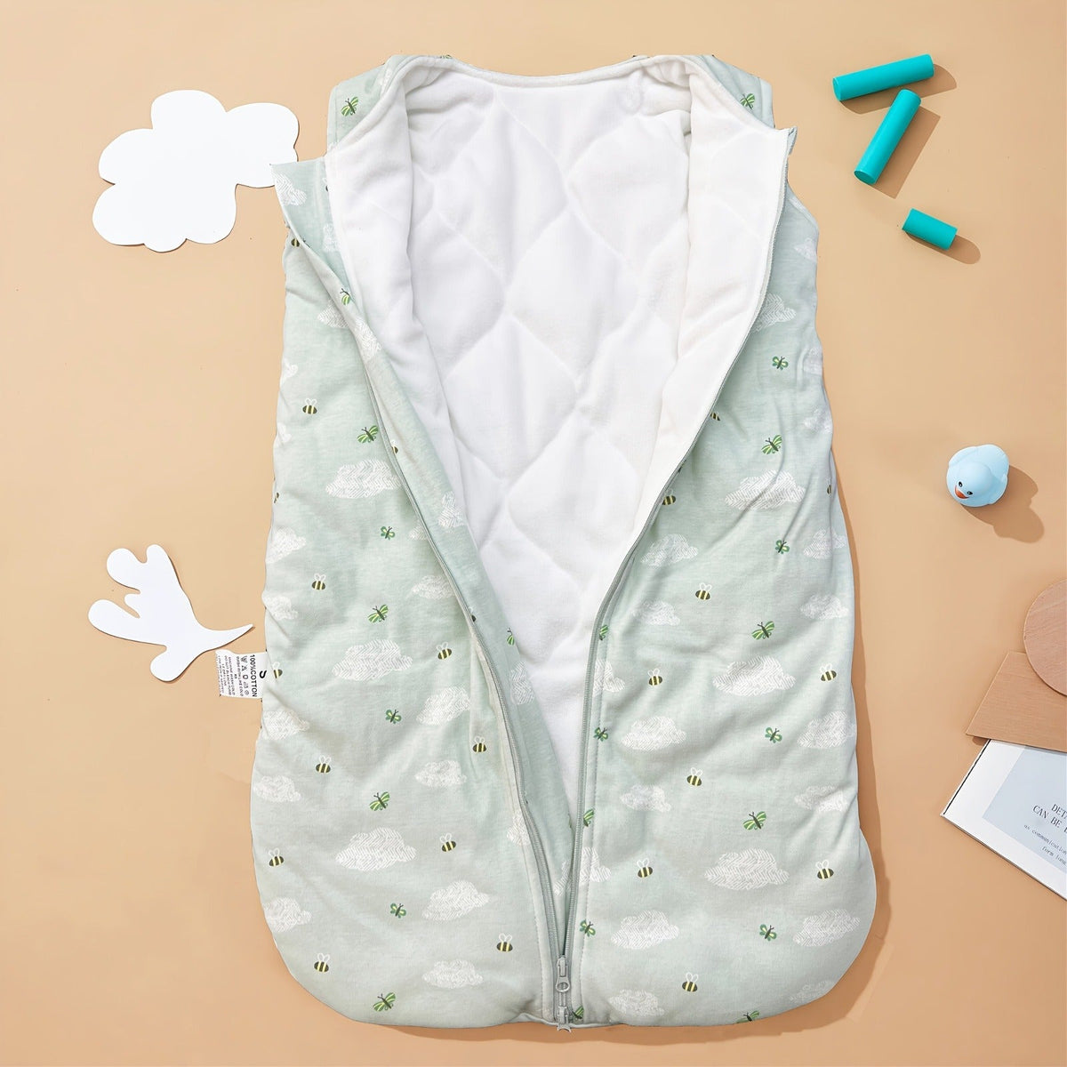 Quilted Baby Sleep Sack in Green Bee Print with Two-Way Zipper and Sleeveless Shape for Cooler Seasons