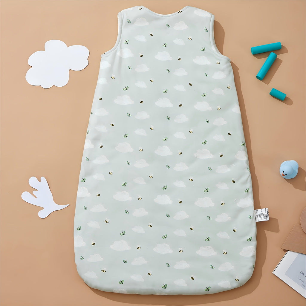 Quilted Baby Sleep Sack in Green Bee Print with Two-Way Zipper and Sleeveless Shape for Cooler Seasons