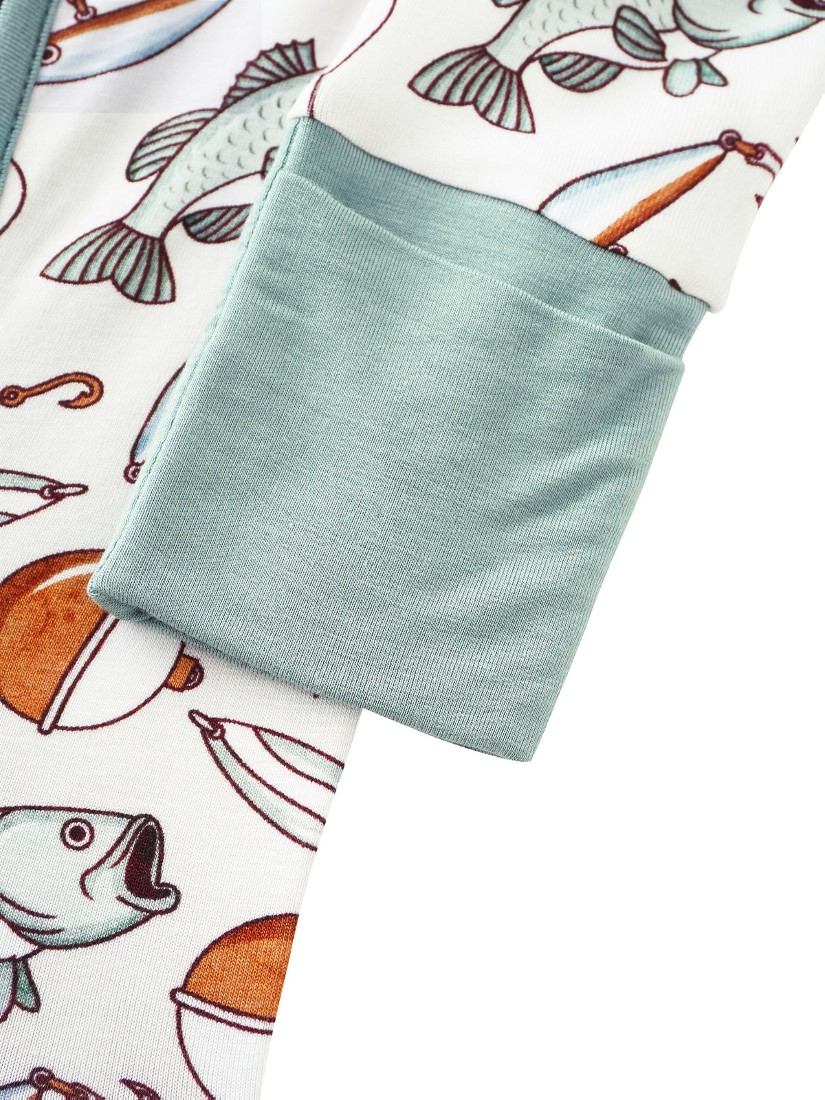 Baby Fishing Print Zip Romper in Ivory White with Mint Fold Over Cuffs and Long Sleeves for Daily Wear