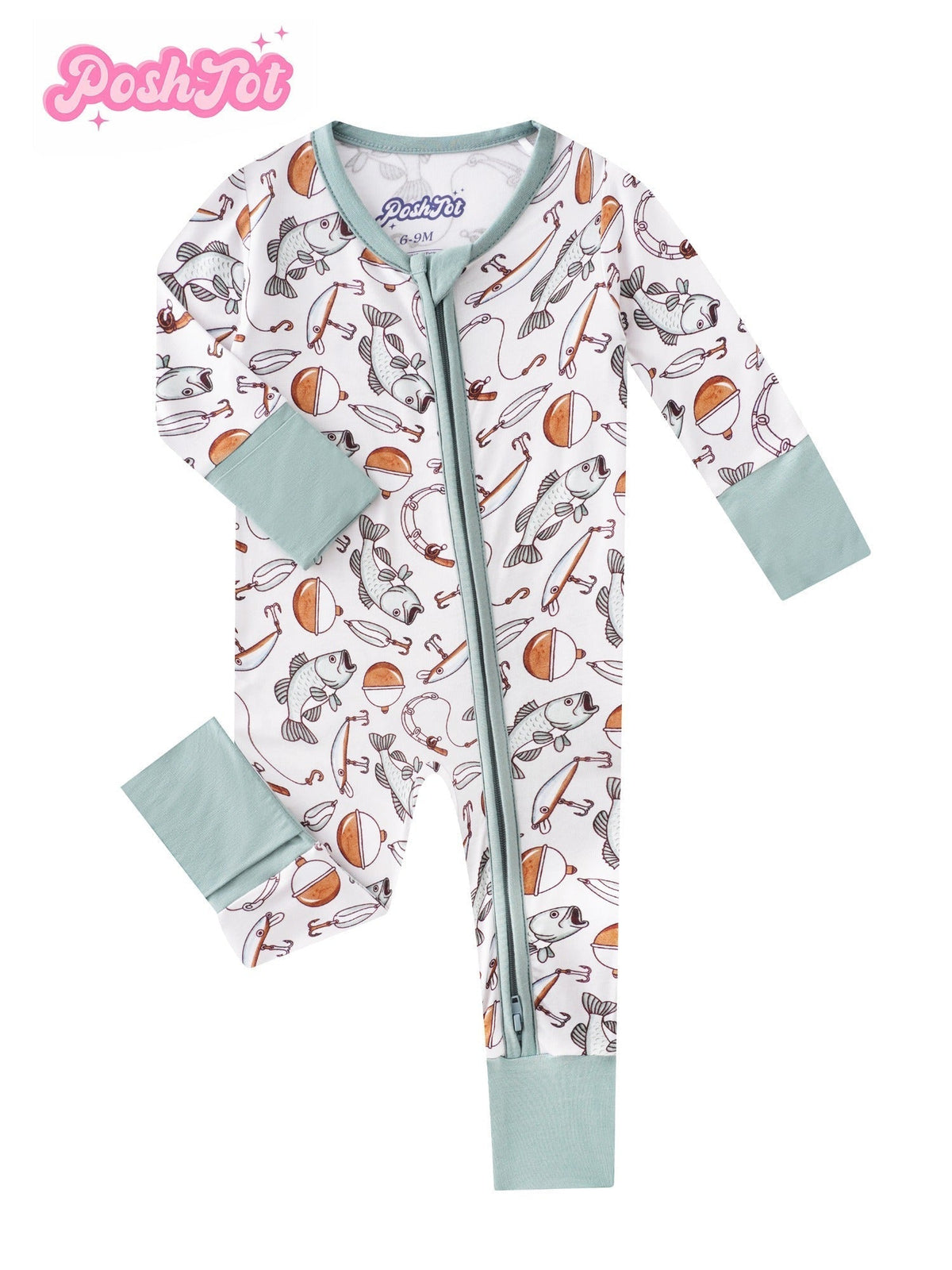 Baby Fishing Print Zip Romper in Ivory White with Mint Fold Over Cuffs and Long Sleeves for Daily Wear