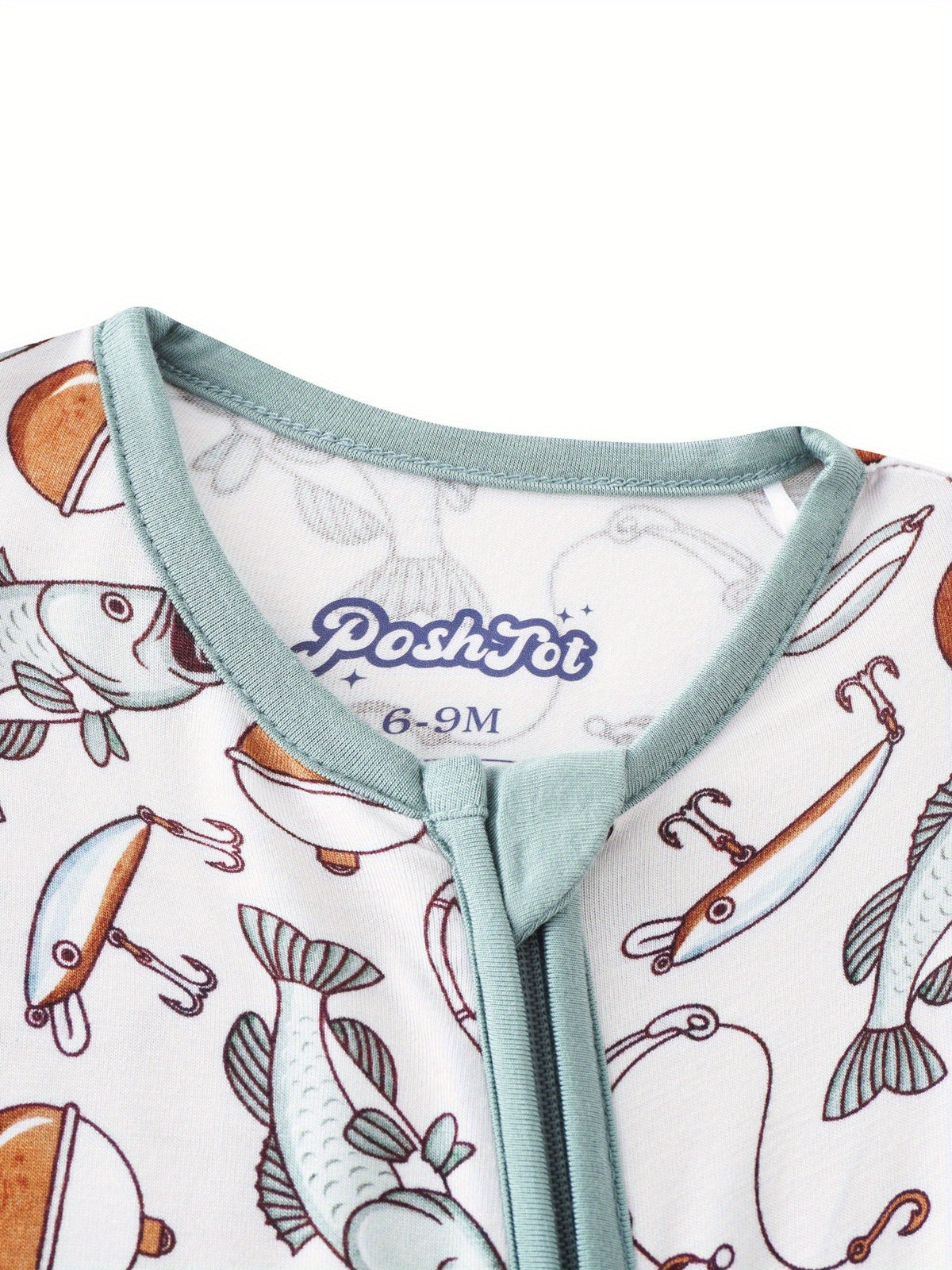 Baby Fishing Print Zip Romper in Ivory White with Mint Fold Over Cuffs and Long Sleeves for Daily Wear