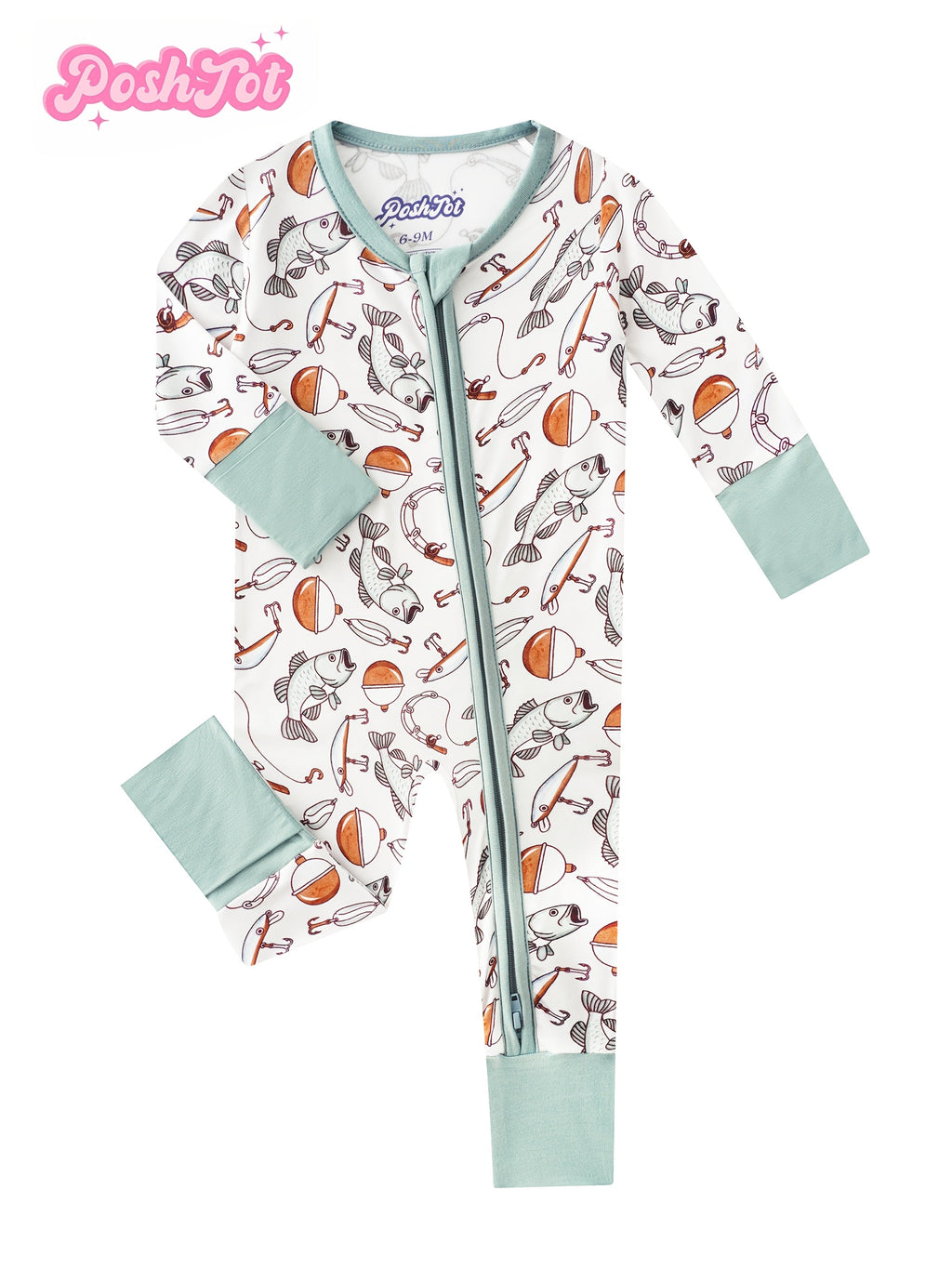 Baby Fishing Print Zip Romper in Ivory White with Mint Fold Over Cuffs and Long Sleeves for Daily Wear
