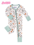 Baby Fishing Print Zip Romper in Ivory White with Mint Fold Over Cuffs and Long Sleeves for Daily Wear