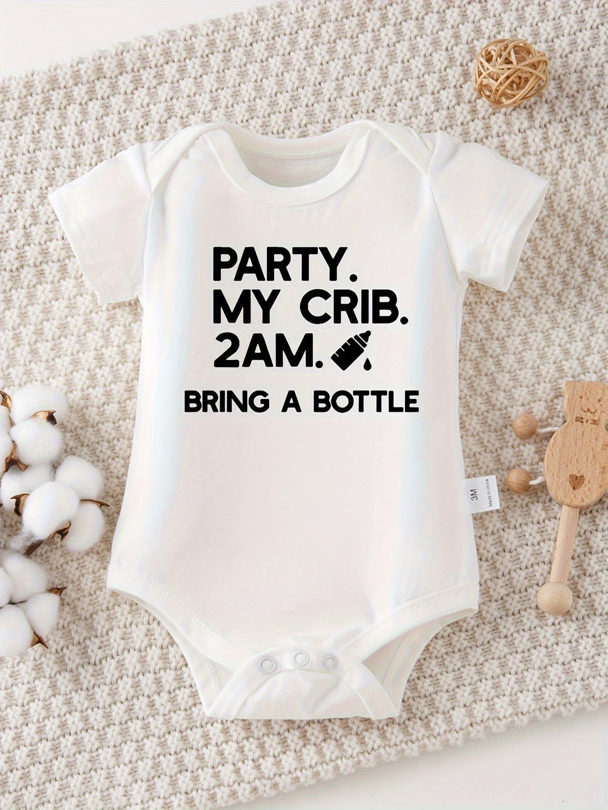 Baby Party My Crib 2AM Bodysuit in White with Short Sleeves and Crotch Snaps for a Playful Everyday Outfit