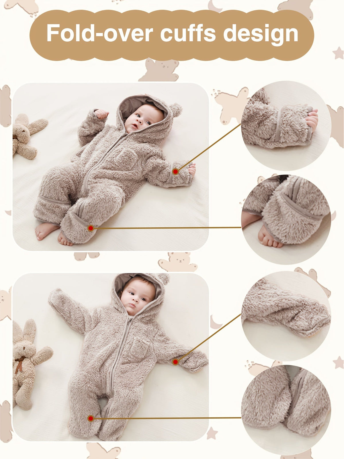 Dark Brown Baby Bear Hooded Fleece Romper with Fold-Over Cuffs and a Zip Front for Cool-Weather Outings