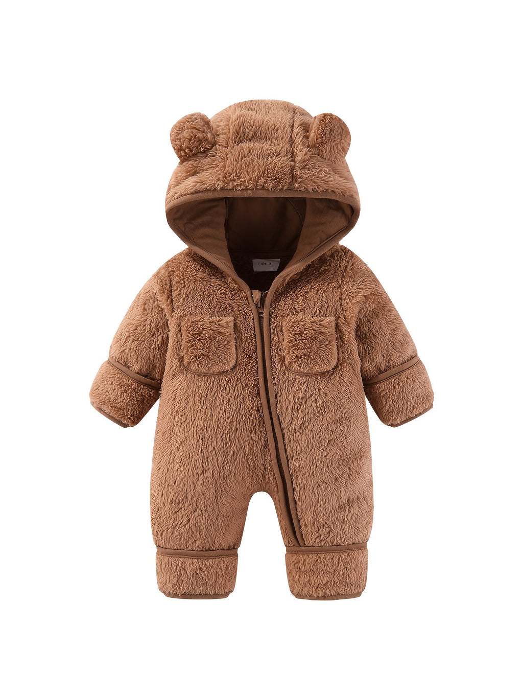 Dark Brown Baby Bear Hooded Fleece Romper with Fold-Over Cuffs and a Zip Front for Cool-Weather Outings