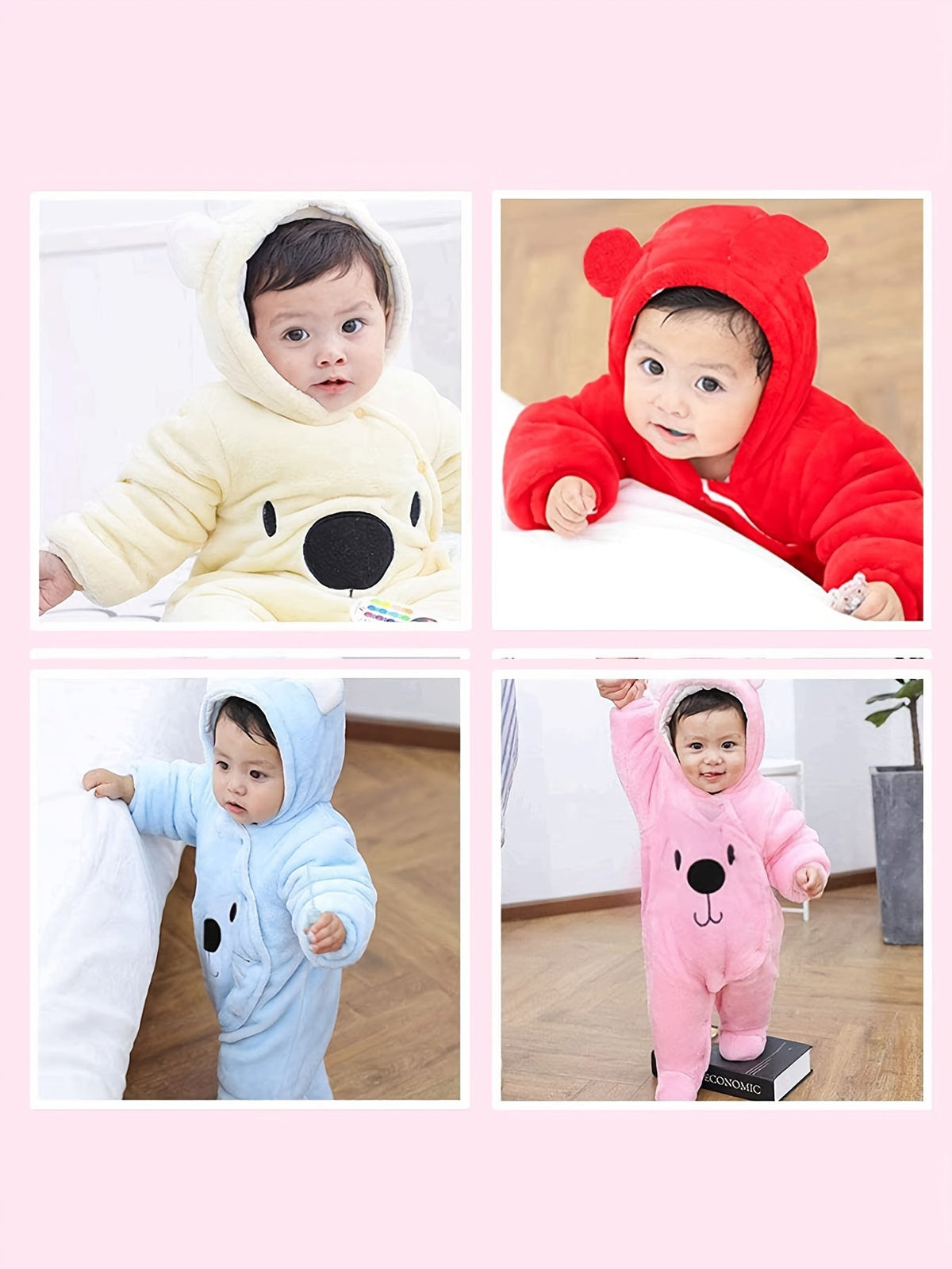 Baby Bear Hooded Snowsuit in Pink with Covered Feet and a Plush Finish for Cold Weather Outings