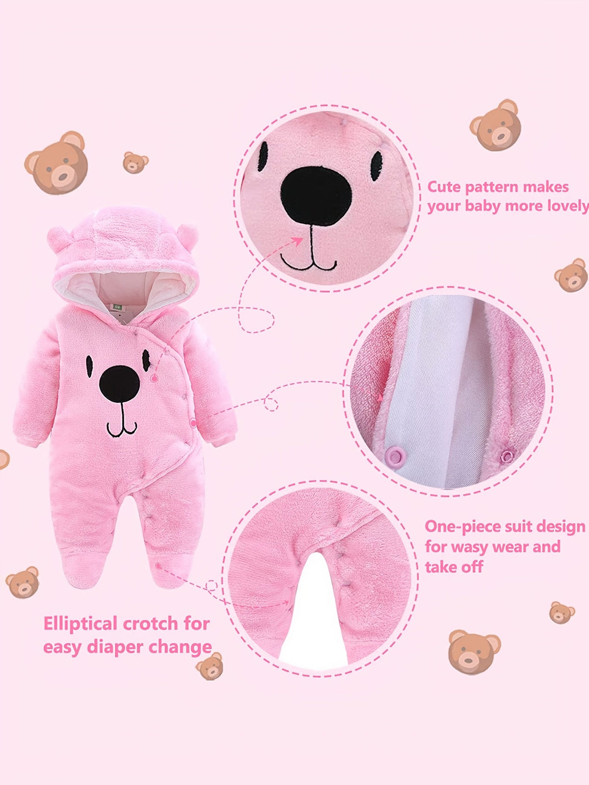 Baby Bear Hooded Snowsuit in Pink with Covered Feet and a Plush Finish for Cold Weather Outings