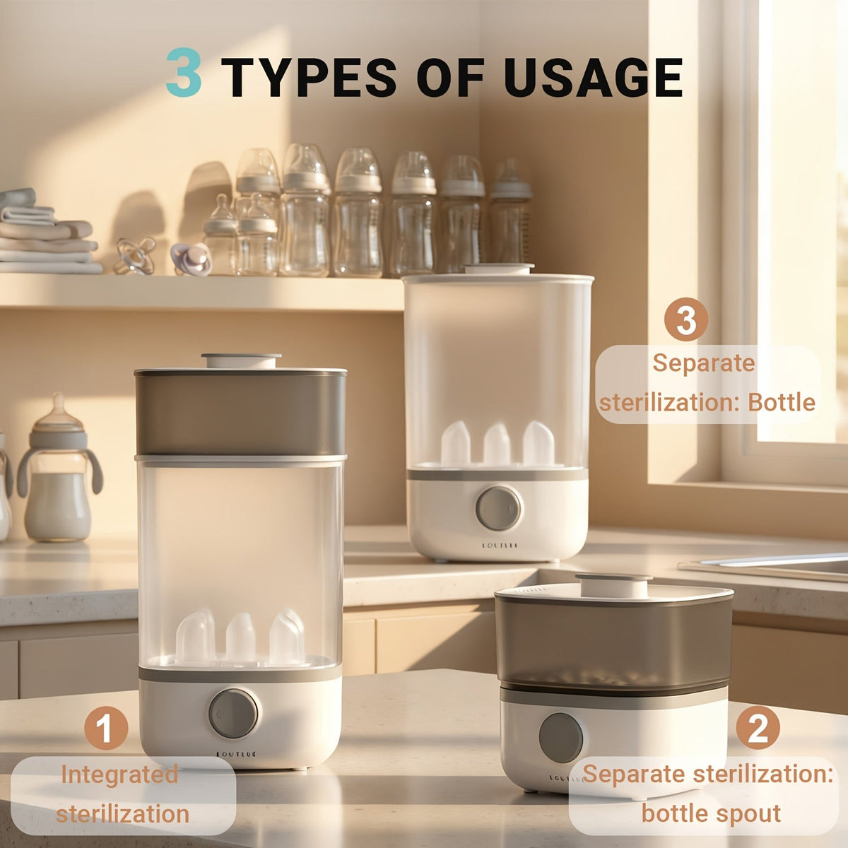 Electric Steam Bottle Sterilizer with Stackable Chambers and One Button Control for Feeding Accessories