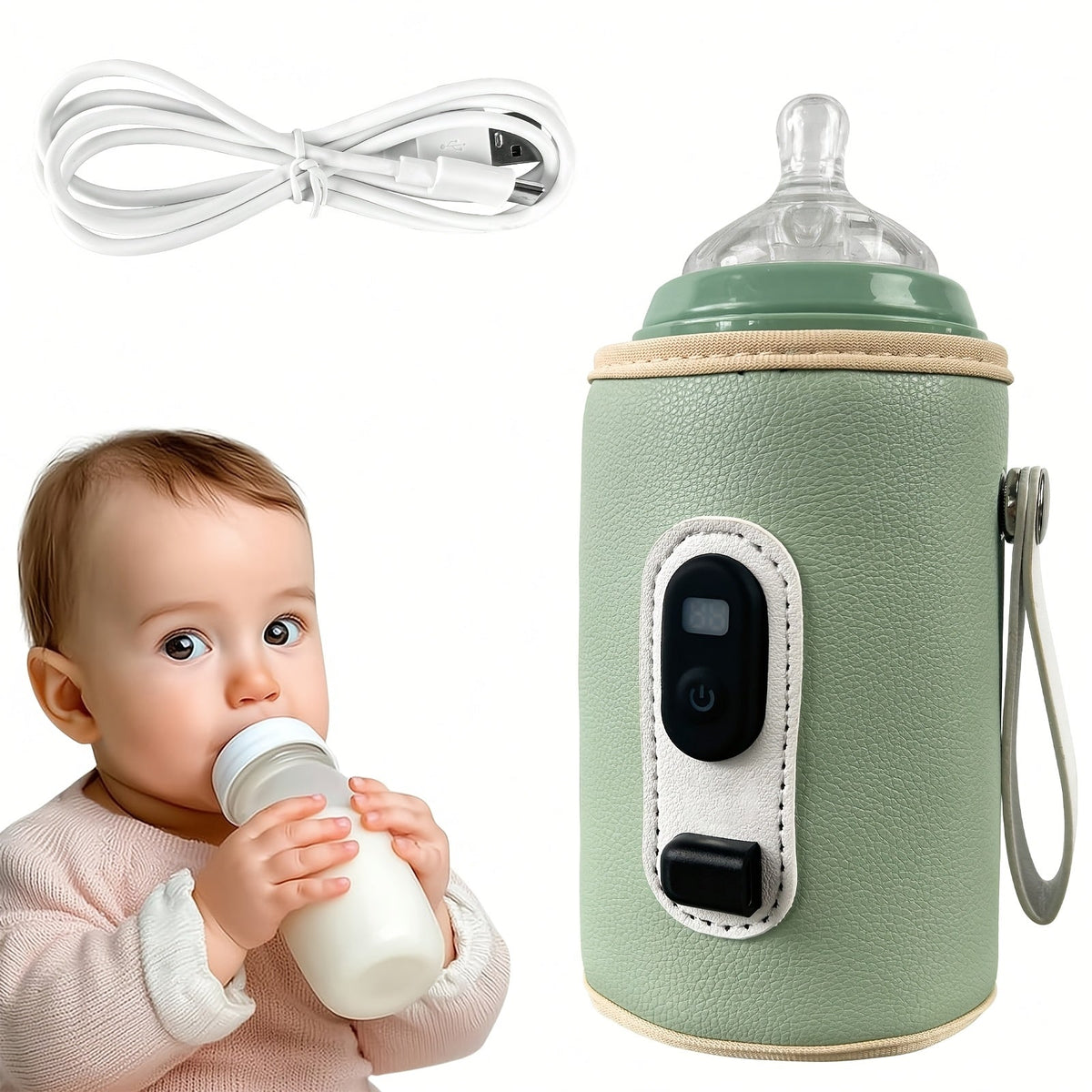 USB Bottle Warmer Sleeve with a Digital Temperature Display and Carry Loop in Green or Pink