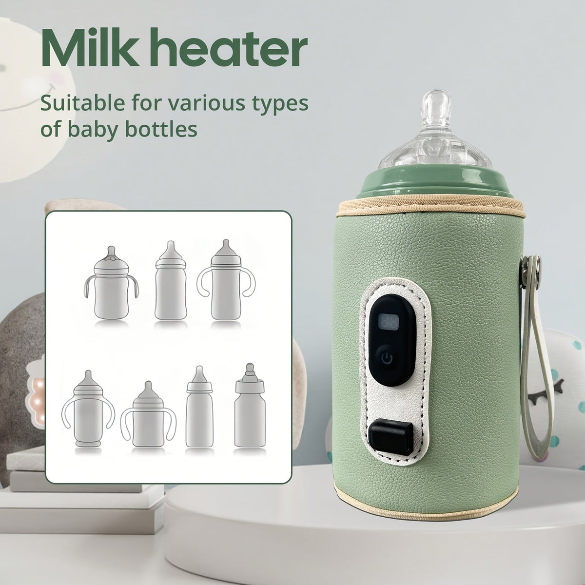USB Bottle Warmer Sleeve with a Digital Temperature Display and Carry Loop in Green or Pink