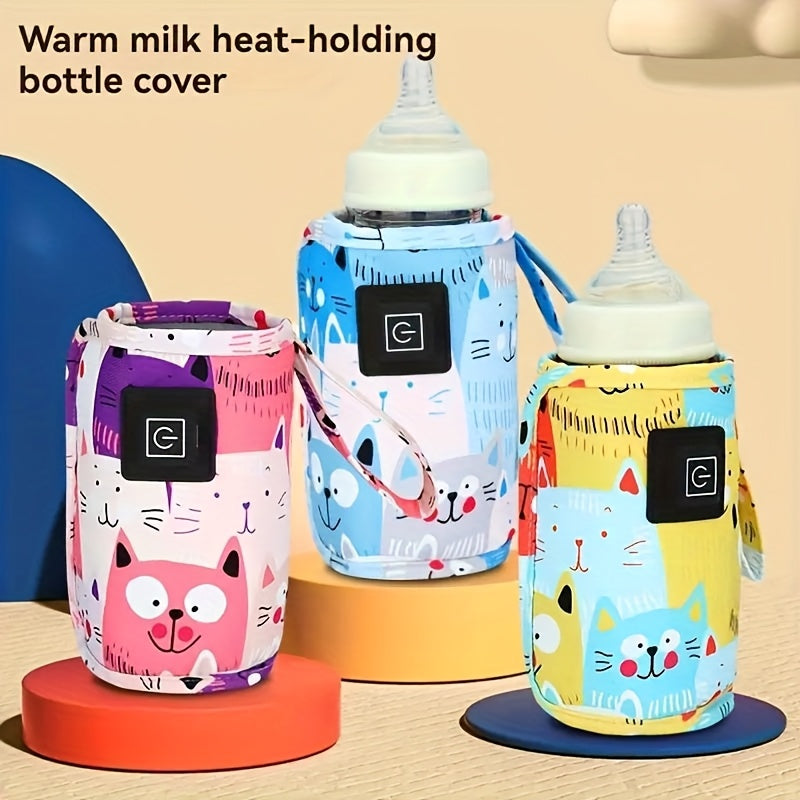 USB Portable Bottle Warmer Sleeve with Three Heat Settings and Cartoon Cat Prints for Feeding Routines