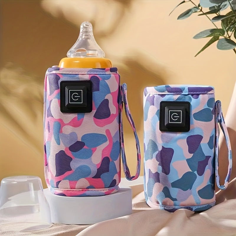 USB Portable Bottle Warmer Sleeve with Three Heat Settings and Cartoon Cat Prints for Feeding Routines