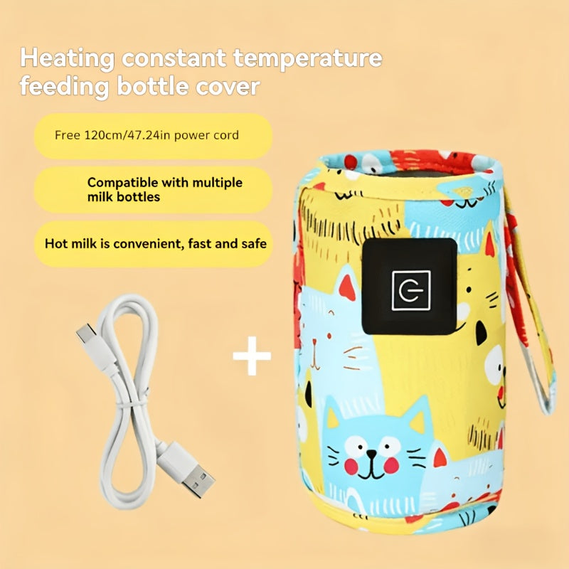 USB Portable Bottle Warmer Sleeve with Three Heat Settings and Cartoon Cat Prints for Feeding Routines