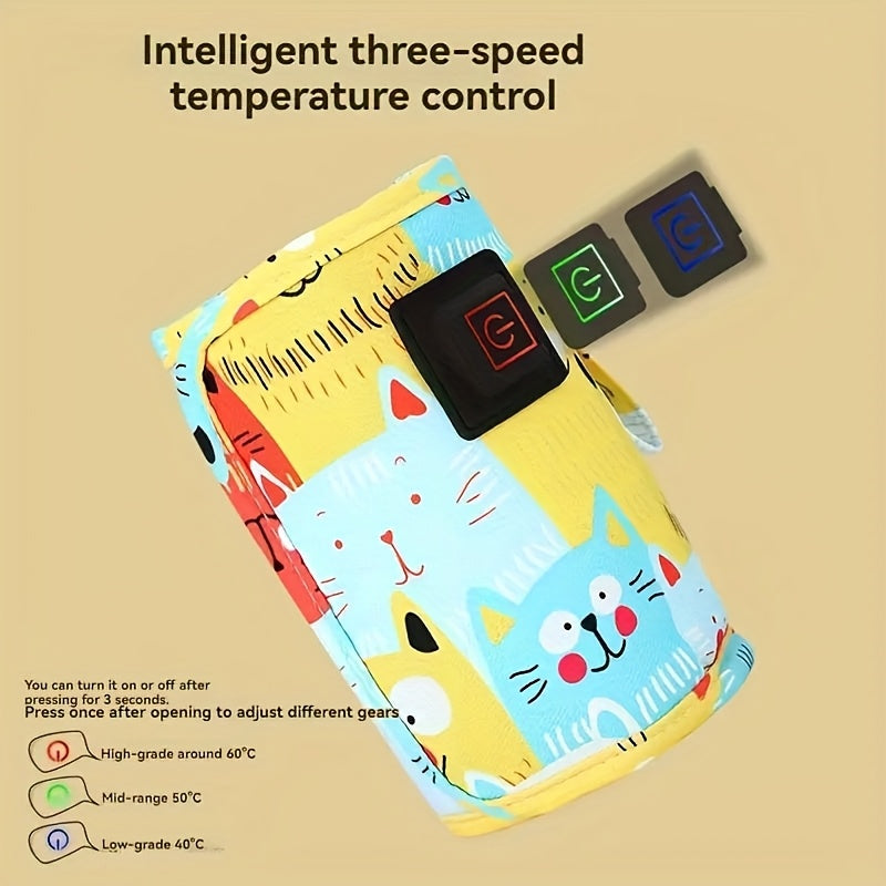 USB Portable Bottle Warmer Sleeve with Three Heat Settings and Cartoon Cat Prints for Feeding Routines