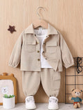 Baby Boys' Jacket and Pants Set with Button Front Chest Pockets in Khaki or Dark Brown Workwear Style