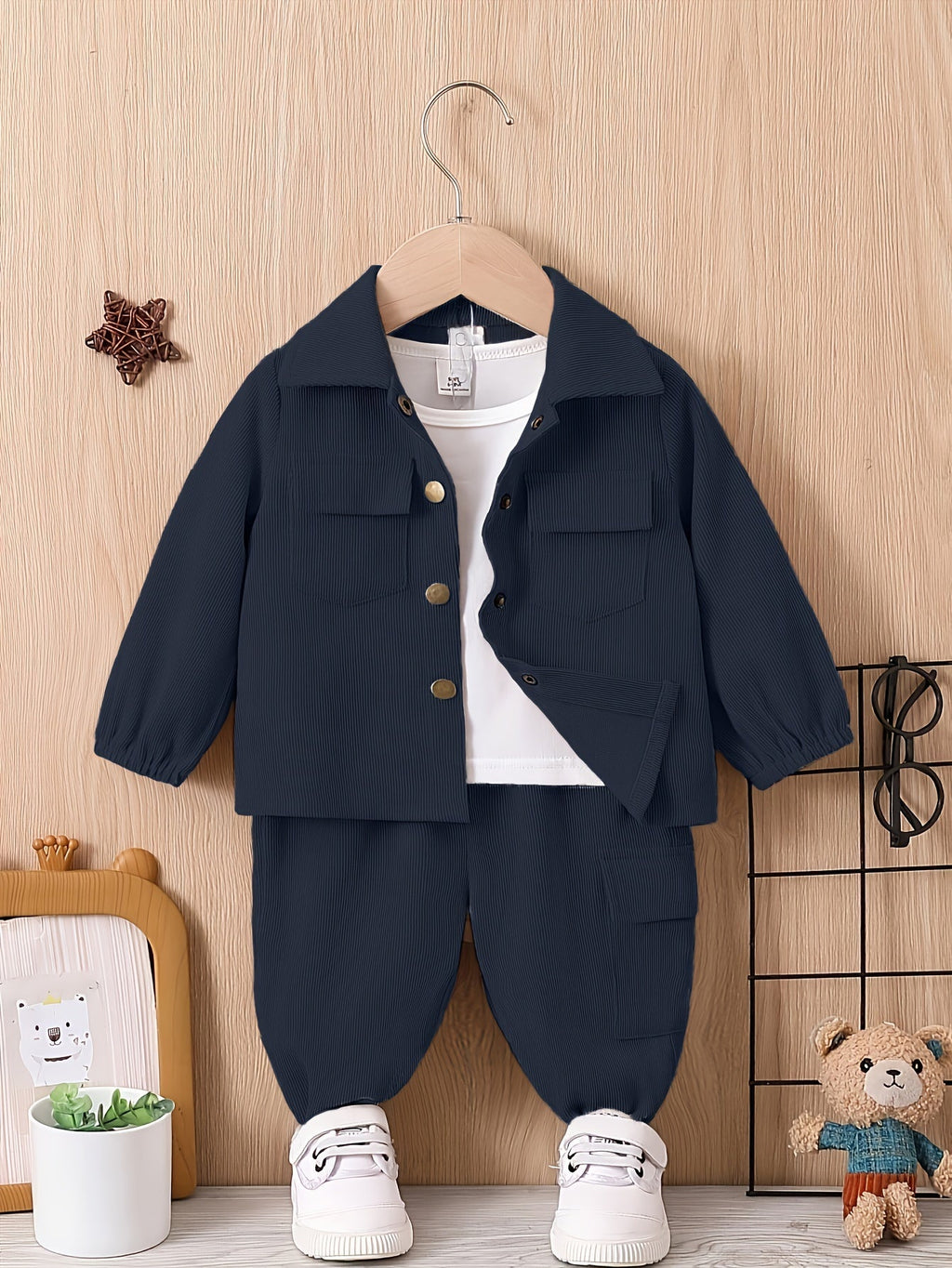 Baby Boys' Jacket and Pants Set with Button Front Chest Pockets in Khaki or Dark Brown Workwear Style