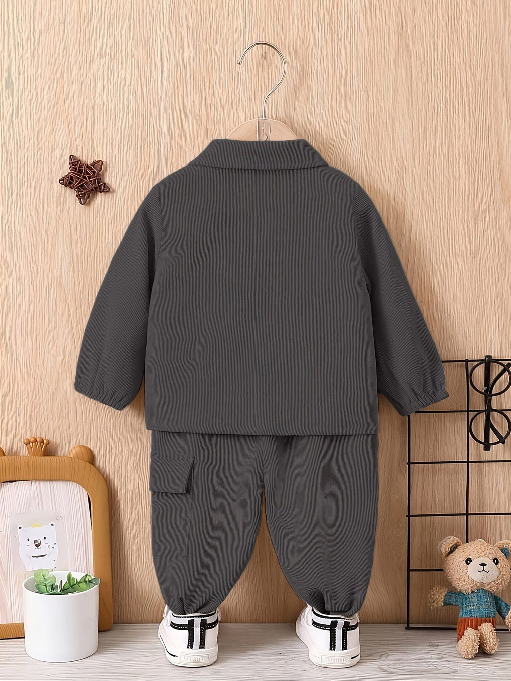 Baby Boys' Jacket and Pants Set with Button Front Chest Pockets in Khaki or Dark Brown Workwear Style
