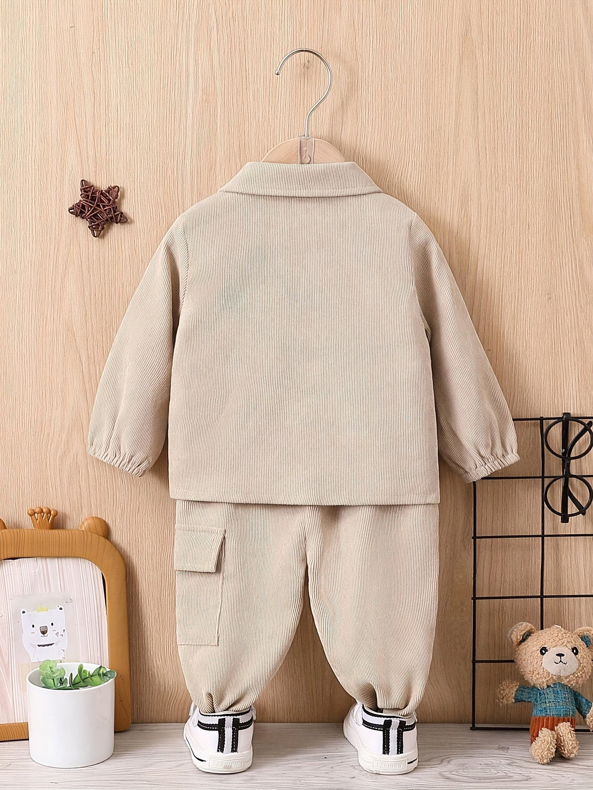 Baby Boys' Jacket and Pants Set with Button Front Chest Pockets in Khaki or Dark Brown Workwear Style