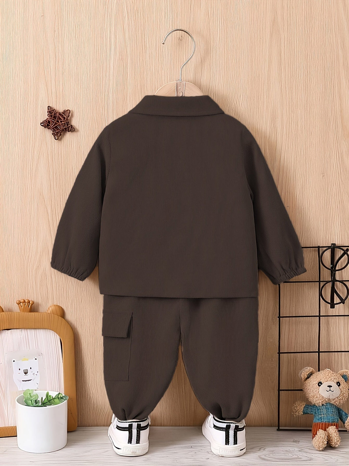 Baby Boys' Jacket and Pants Set with Button Front Chest Pockets in Khaki or Dark Brown Workwear Style