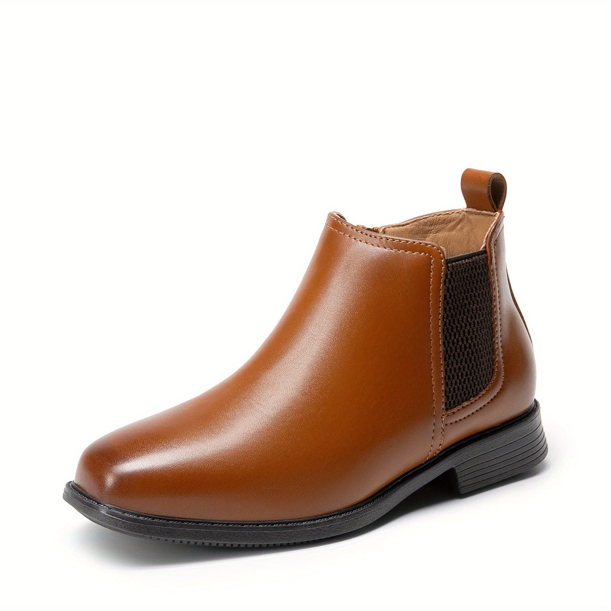 Boys' Chelsea Dress Boots with Side Zippers and Elastic Panels in Black or Camel for Smart Outfits