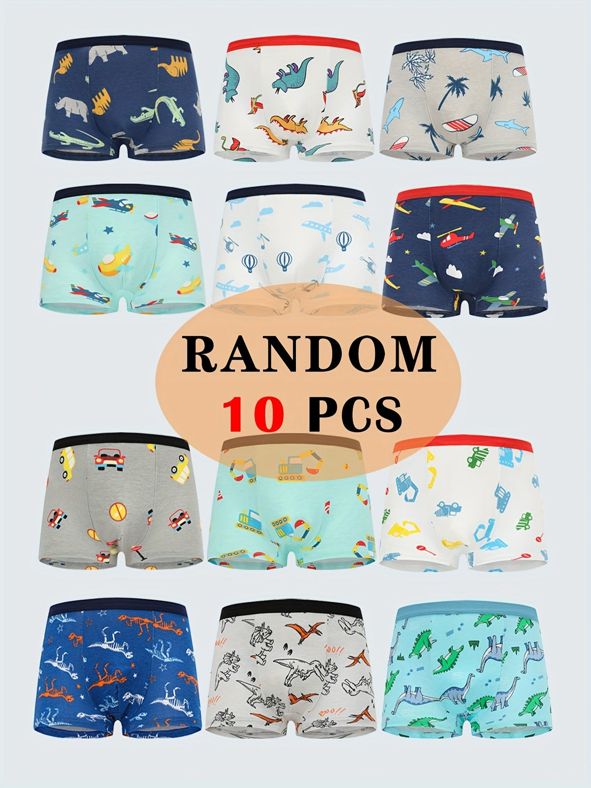 Boys' Cartoon Boxer Briefs 10-Pack with Elastic Waists and Random Animal Prints for Everyday Underwear