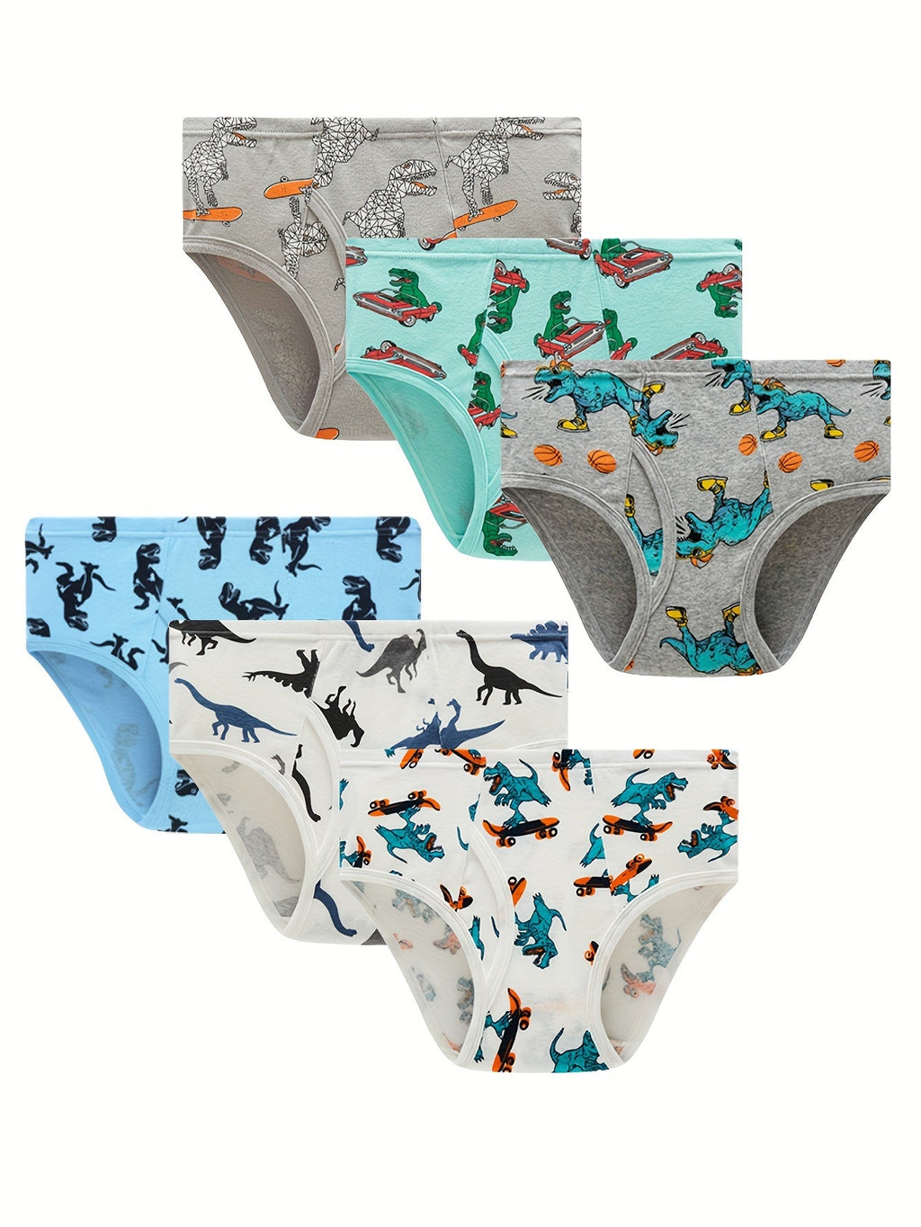 Boys' Dinosaur Briefs 6-Pack with a Front Opening and Colorful Cartoon Prints for Everyday Underwear