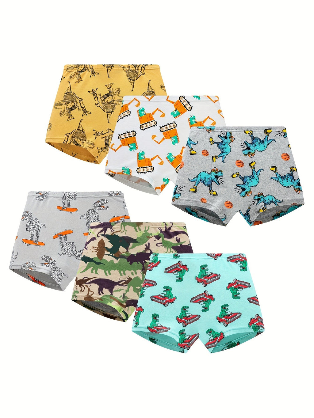 Boys' Dinosaur Boxer Briefs in a Six Pack with Colorful Sports and Car Prints for Everyday Underwear