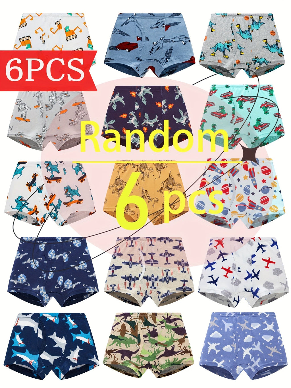 Boys' Printed Boxer Briefs 6-Pack in Random Animal and Vehicle Designs for Everyday Underwear Changes