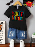 Boys' Built Different Cotton T-Shirt with Colorful Block Lettering and Short Sleeves for Summer