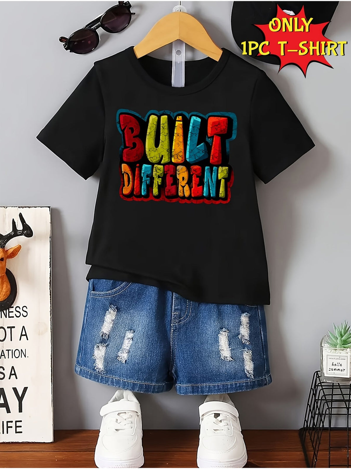 Boys' Built Different Cotton T-Shirt with Colorful Block Lettering and Short Sleeves for Summer