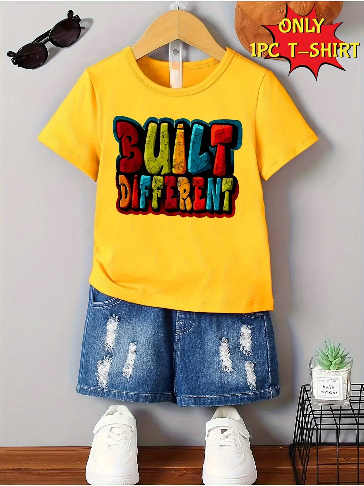 Boys' Built Different Cotton T-Shirt with Colorful Block Lettering and Short Sleeves for Summer