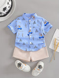Boys' Car Print Shirt and Shorts Set with a Button Front and Elastic Waist for Summer Days and Beach Trips