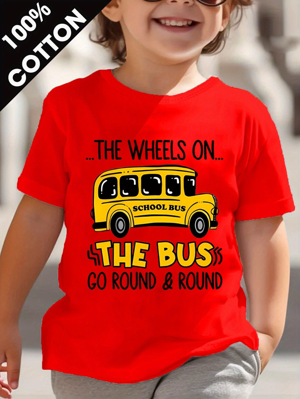 Boys' Wheels on the Bus Cotton T-Shirt in Red with Yellow School Bus Graphic for Everyday Summer Wear