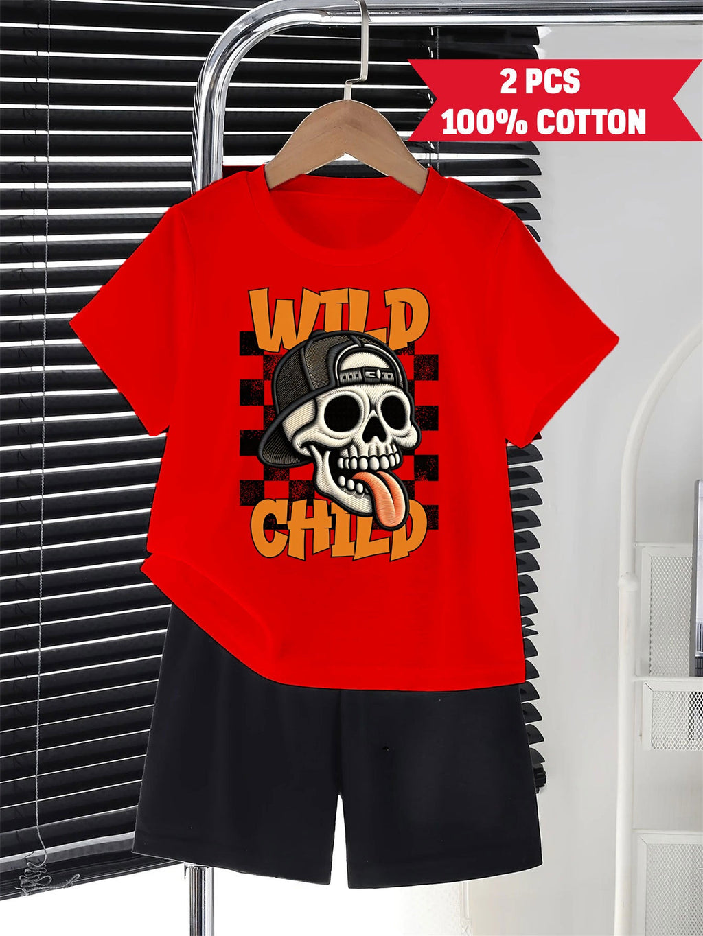Boys' Wild Child Skull Graphic Two Piece Cotton Outfit with a Red T-Shirt and Black Elastic Waist Shorts
