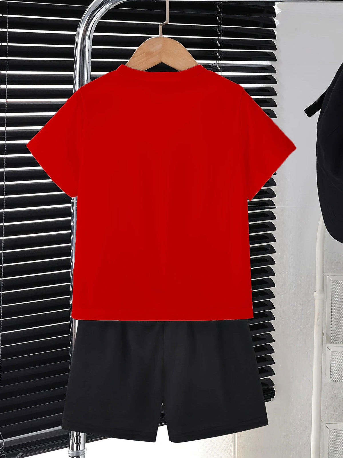 Boys' Red Baseball Slogan Cotton T-Shirt and Black Shorts Set with Short Sleeves for Summer Play