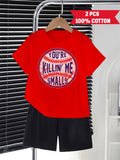 Boys' Red Baseball Slogan Cotton T-Shirt and Black Shorts Set with Short Sleeves for Summer Play