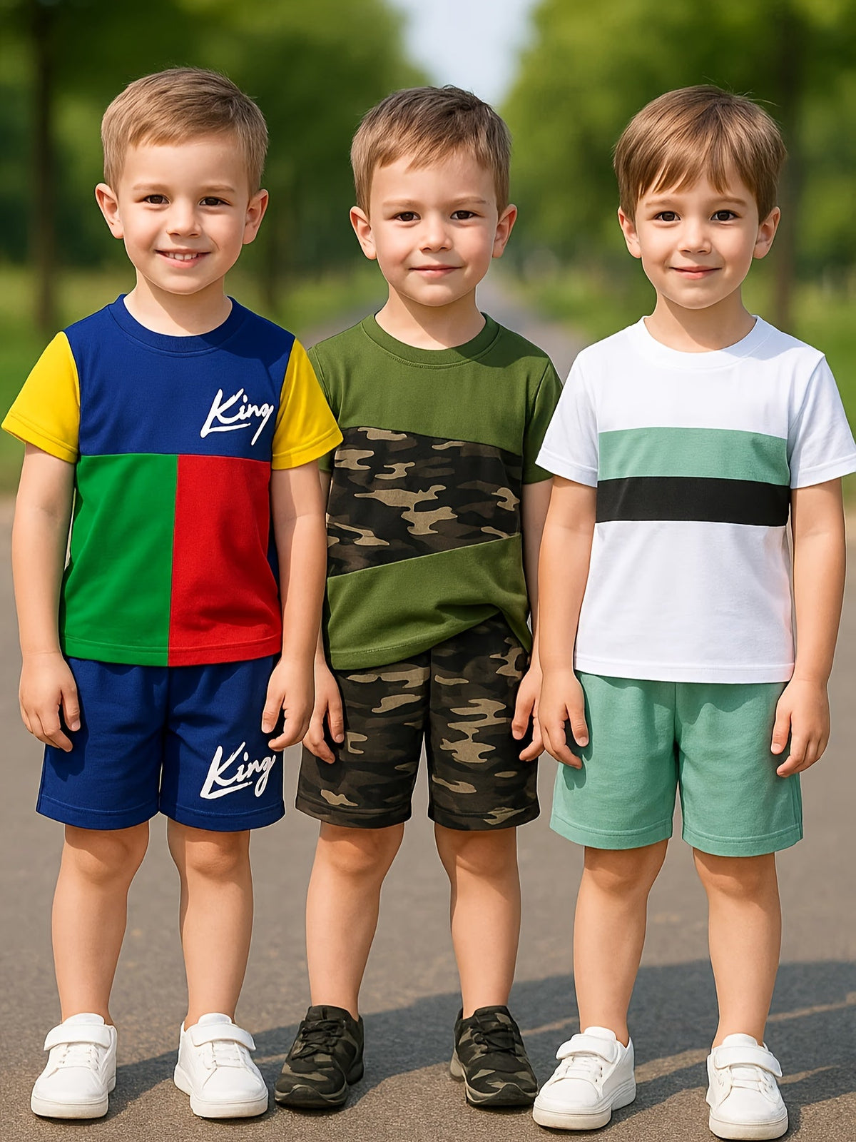 Boys' Six-Piece Summer Outfit Set with Three Graphic T-Shirts and Matching Shorts for Casual Play