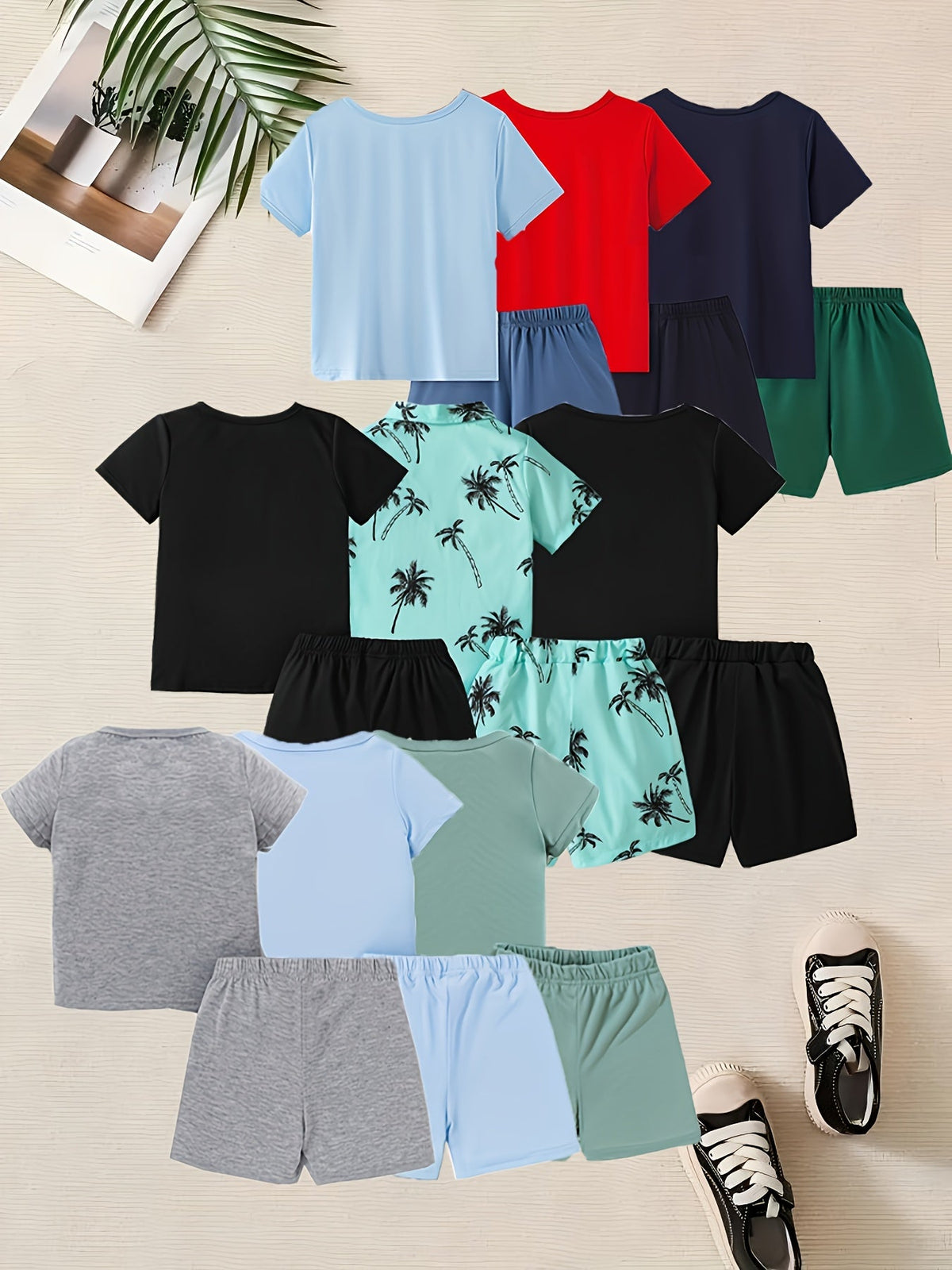 Boys' Twelve Piece Summer Outfit Pack with Six Randomly Assorted Shirts and Six Matching Shorts