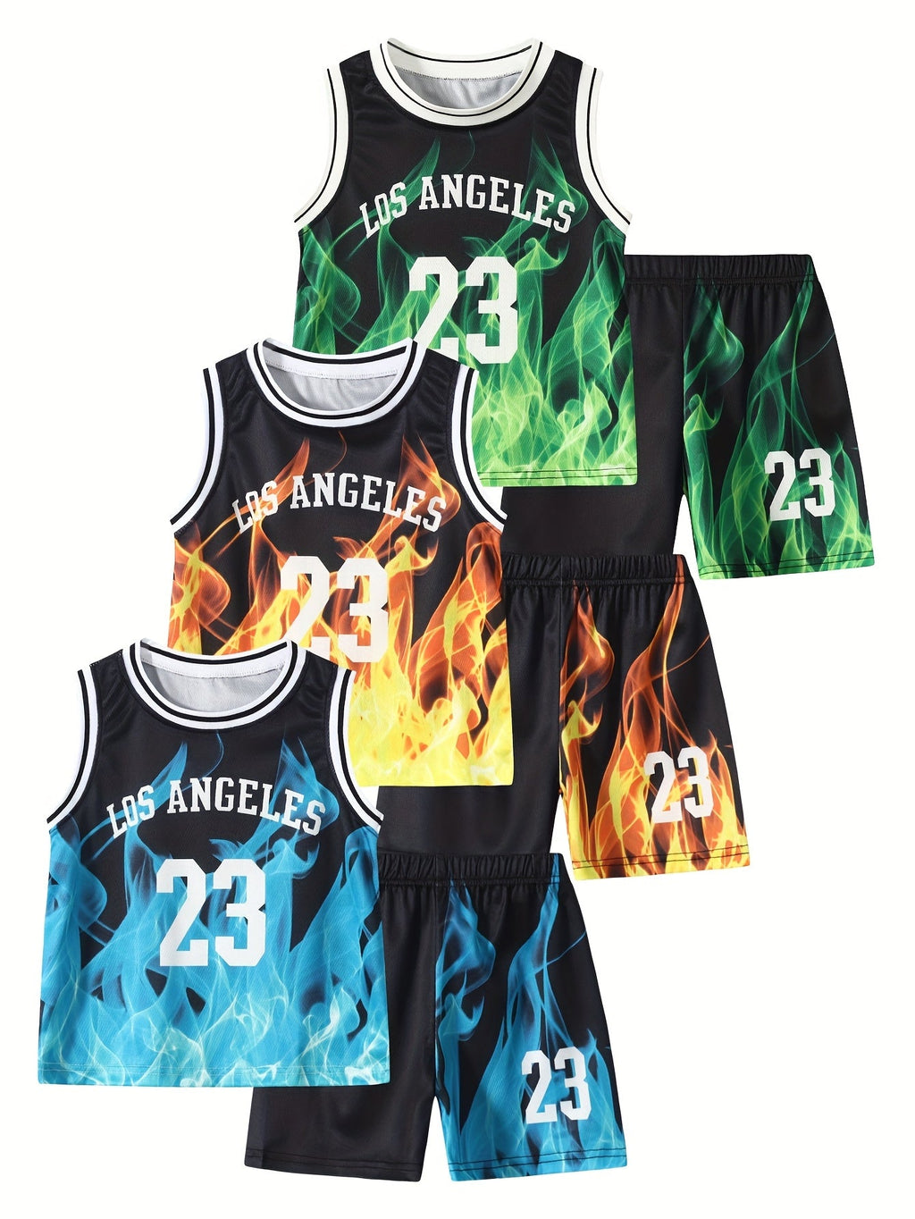 Boys' Flame Print Outfit Set with Three Number 23 Tank Tops and Matching Shorts for Summer Casual Wear