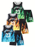 Boys' Flame Print Outfit Set with Three Number 23 Tank Tops and Matching Shorts for Summer Casual Wear