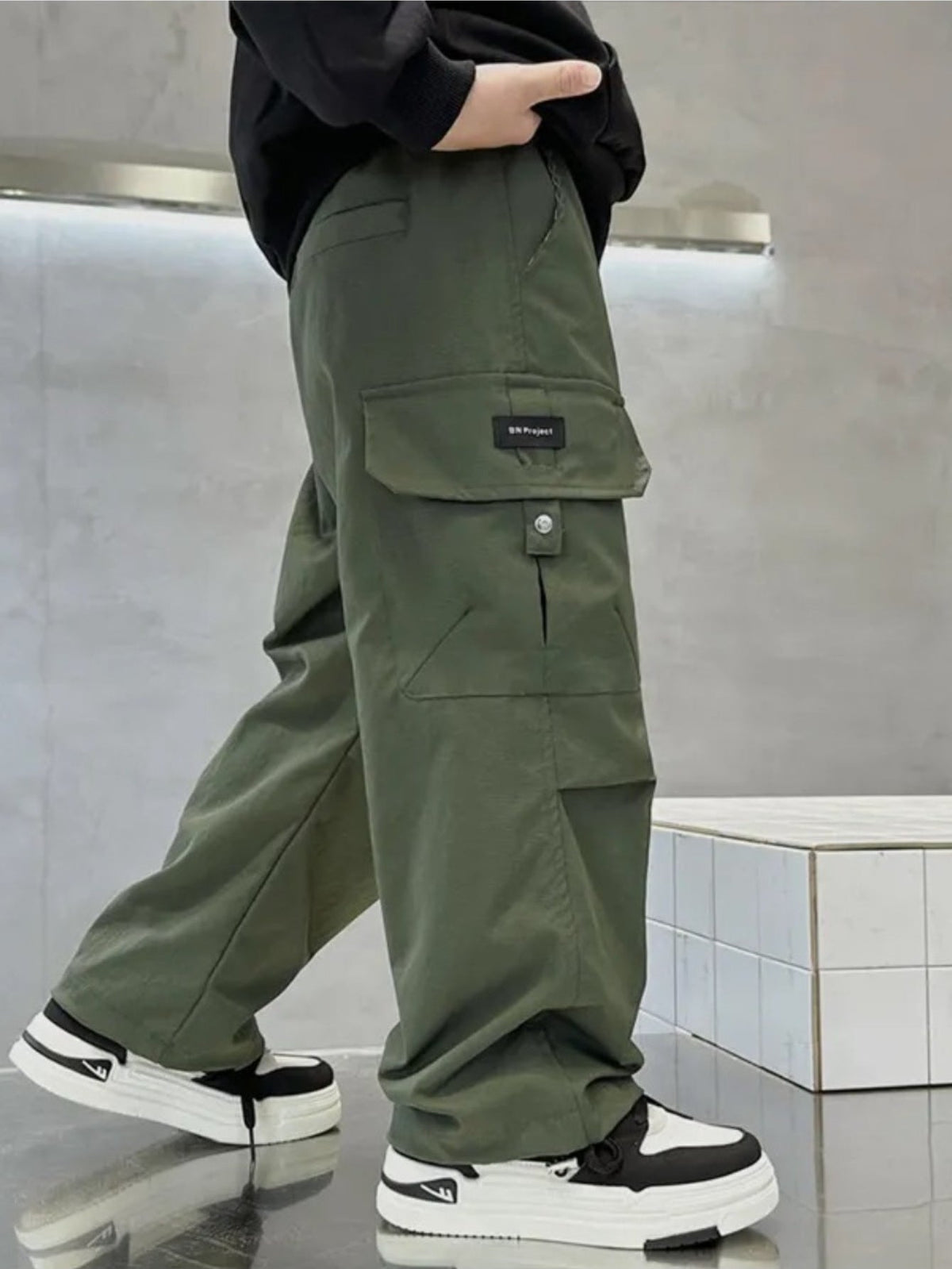 Boys' Nylon Cargo Pants 2-Pack in Military Green and Black with Large Pockets for Casual School Outfits