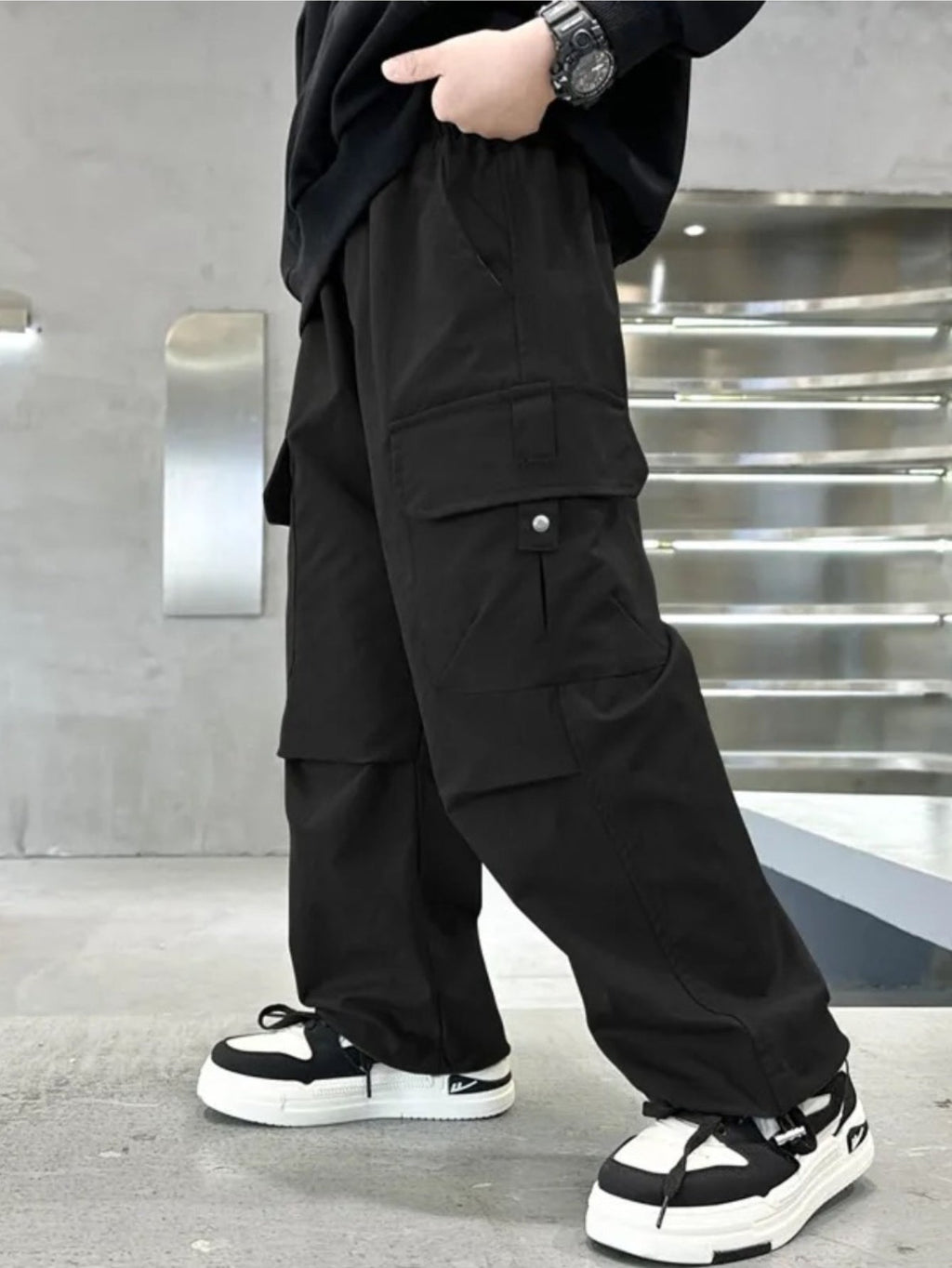 Boys' Nylon Cargo Pants 2-Pack in Military Green and Black with Large Pockets for Casual School Outfits