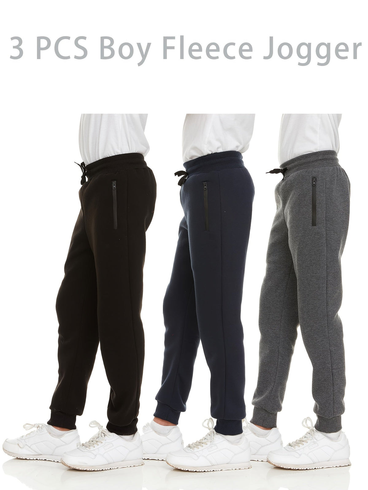 Boys' Fleece Jogger Pants 3-Pack with Zipper Pockets and Drawstring Waists for Sports and Casual Wear