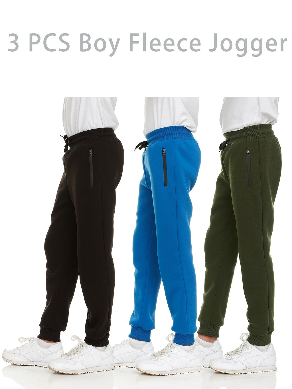 Boys' Fleece Jogger Pants 3-Pack with Zipper Pockets and Drawstring Waists for Sports and Casual Wear