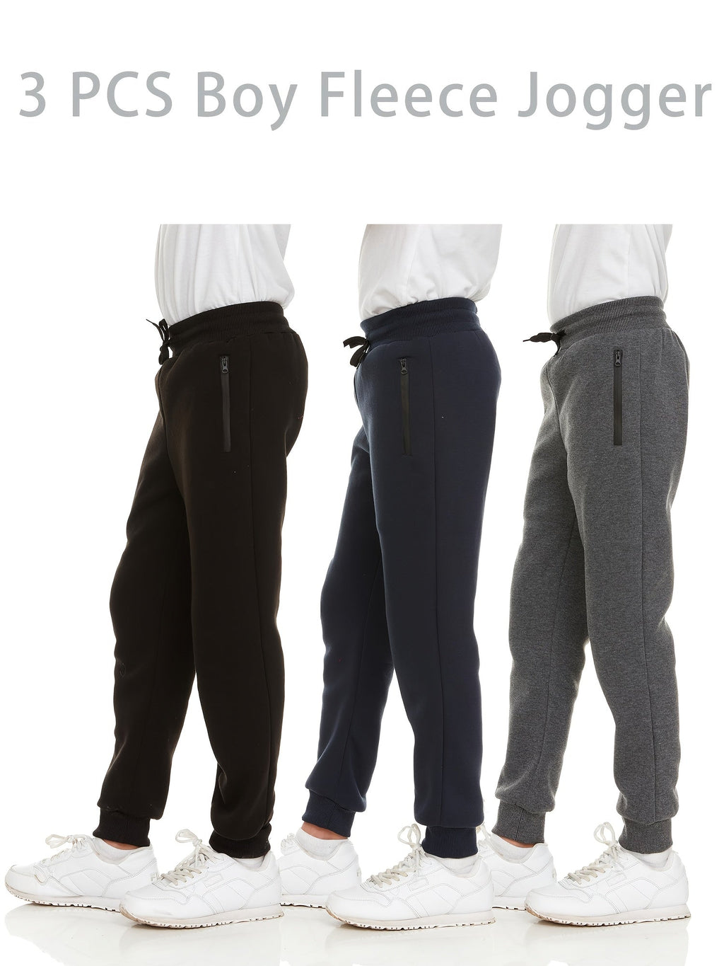 Boys' Fleece Jogger Pants 3-Pack with Zipper Pockets and Drawstring Waists for Sports and Casual Wear